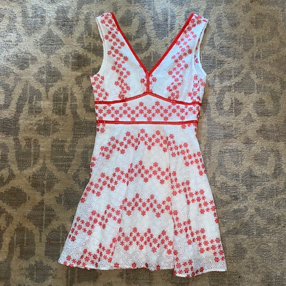 BLUE RAIN RED AND WHITE DRESS